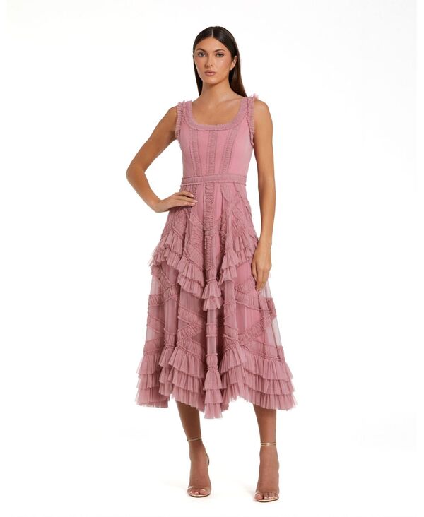 マックダガル レディース トップス ワンピース フリル メッシュ ミディ ノースリーブ Mac Duggal Women'scoop Neck Sleeveless Mesh Micro Ruffle Midi Dress Antique rose