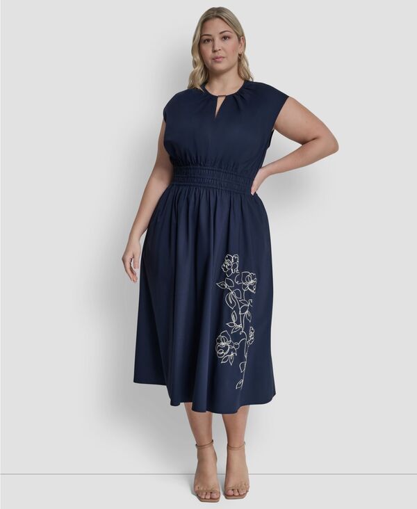 ダナ キャラン ニューヨーク レディース トップス ワンピース プラスサイズ ミディ DKNY Plusize Jewel Neck Midi Dress Indigo インディゴ