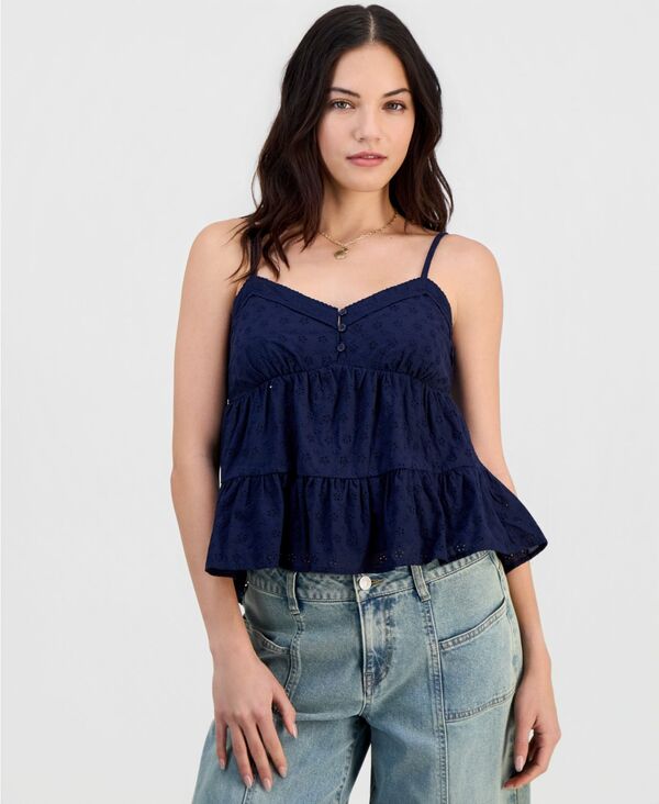 マッデンガール レディース トップス シャツ Vネック ティアード コットン Madden Girl Juniors' V-Neck Cotton Eyelet Babydoll Tiered Top Navy Blazer ネイビー