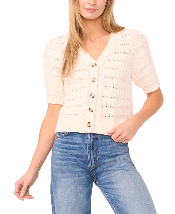 セセ レディース アウター ニット・セーター Vネック 半袖 カーディガン CeCe Women'short-Sleeve V-Neck Cardigan Sweater Eggnog