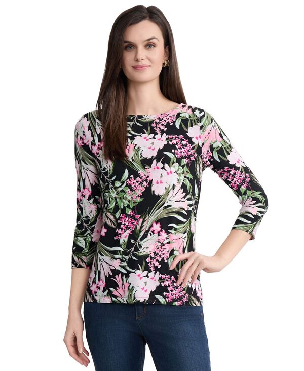 ジョーンズニューヨーク レディース トップス シャツ プリント ブラウス Jones New York Women's Printed 3/4-Sleeve Boatneck Blouse Jones Black Multi ブラック
