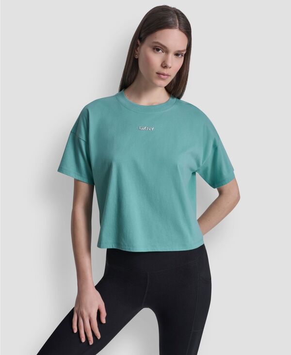 ダナ キャラン ニューヨーク レディース トップス Tシャツ ドロップショルダー トール ロゴ DKNY Sport Women's Metallic Bubble Logo Drop Shoulder Pull-On T-Shirt Coastline メタリック|ReVida 店