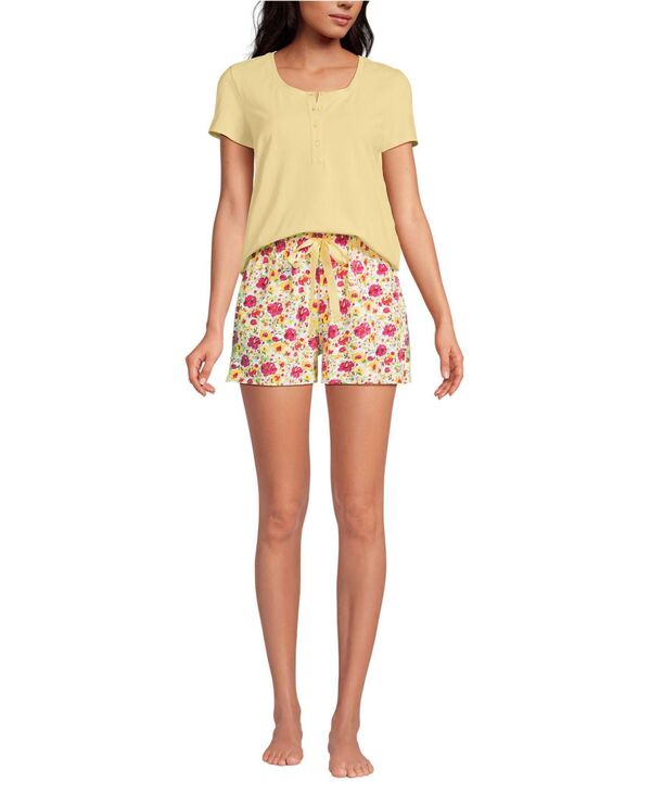 ランズエンド レディース アンダーウェア ナイトウェア ショートパンツ ニット Lands' End Women's Knit 2 Piece Pajama Set - Short Sleeve Top and Shorts Ivory multi painted blooms アイボリー｜ReVida 店 13,121円