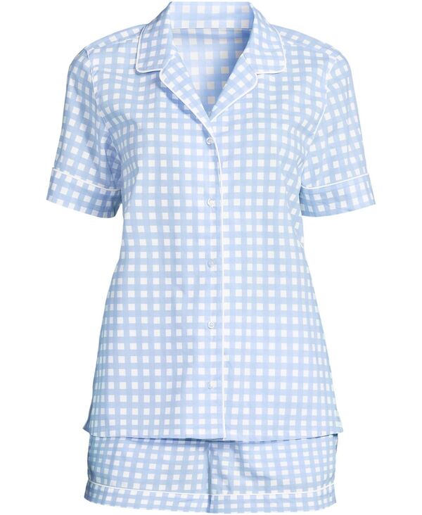 ランズエンド レディース アンダーウェア ナイトウェア ショートパンツ コットン Lands' End Women's Cotton Poplin 2 Piece Pajama Set - Short Sleeve Top and Shorts Misty blue gingham ブルー|ReVida 店