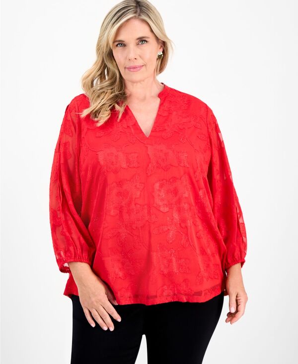 ジェイエムコレクション レディース トップス シャツ ブラウス JM Collection Women's Jacquard Split-Sleeve Blouse Macy's Exclusive Chili