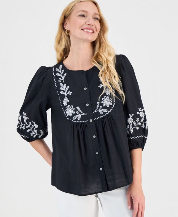 スタイルアンドコー レディース トップス シャツ コットン 刺繍 ブラウス Style & Co Women's Cotton Embroidered Button Blouse Macy's Exclusive Deep Black ブラック