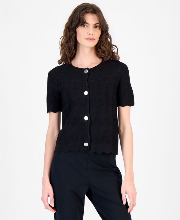 アンクライン レディース アウター ニット・セーター 半袖 カーディガン Anne Klein Women's Zigzag Short-Sleeve Cardiganne Black ブラック
