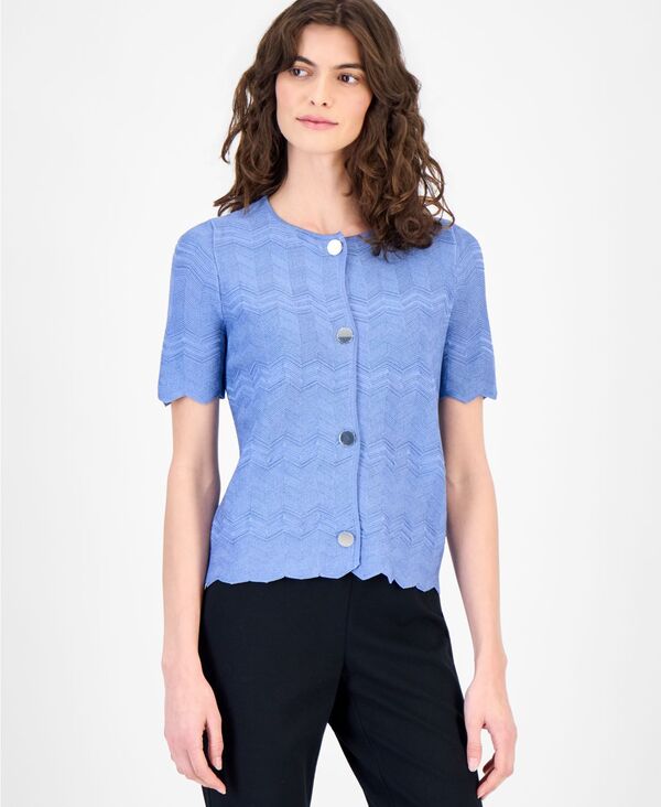 アンクライン レディース アウター ニット・セーター 半袖 カーディガン Anne Klein Women's Zigzag Short-Sleeve Cardigan Lagoon