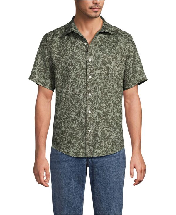 ランズ挙げ句のはて メンズ トップス プルオーバー リネン Lands\u0027 End Men\u0027s Traditional Fit Short Sleeve Linen Shirt Forest moss palms フォレスト
