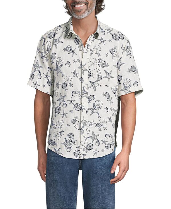 ランズ挙げ句のはて メンズ トップス プルオーバー リネン Lands\u0027 End Men\u0027s Traditional Fit Short Sleeve Linen Shirt Ivory latte/navy shells 象牙色