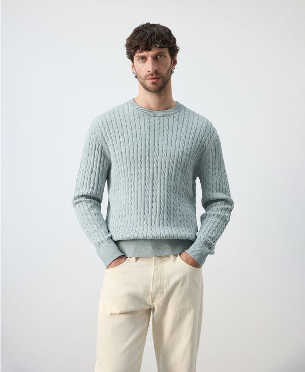 マンゴ メンズ アウター 編み物・スウェーター 綿織物 MANGO Men\u0027s Cotton Cable-Knit Sweater Aqua Green アクア