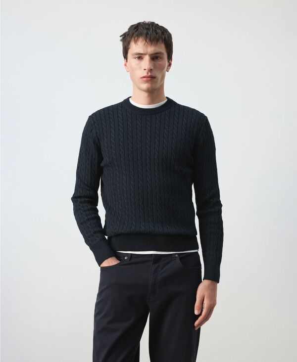 マンゴ メンズ アウター 編み物・スウェーター 綿織物 MANGO Men\u0027s Cotton Cable-Knit Sweater Night Blue 青色