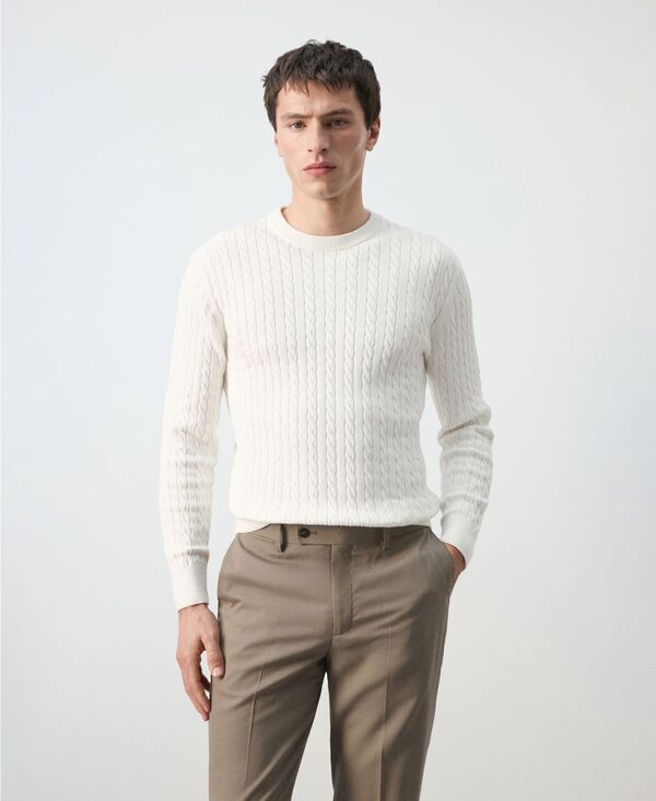 マンゴ メンズ アウター 編み物・スウェーター 綿織物 MANGO Men\u0027s Cotton Cable-Knit Sweater Off White 象牙色