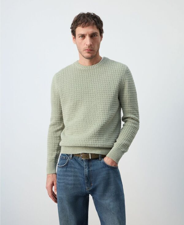マンゴ メンズ アウター 編み物・スウェーター スピード競技 MANGO Men\u0027s Lace Pattern Knit Sweater Mint Green 緑であること