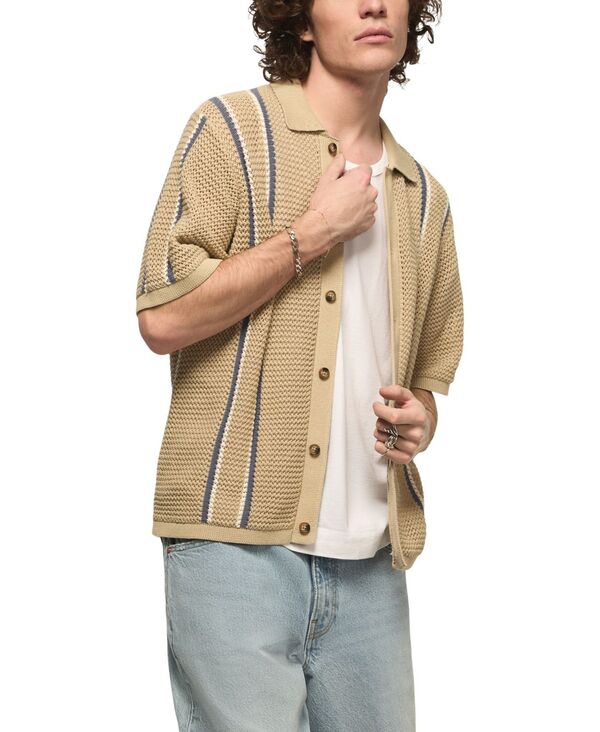 ラッキーブランド メンズ アウター 編み物・スウェーター 半袖 Lucky Brand Men\u0027stripe Button-Front Short-Sleeve Sweater Tidal Foam 縞模様