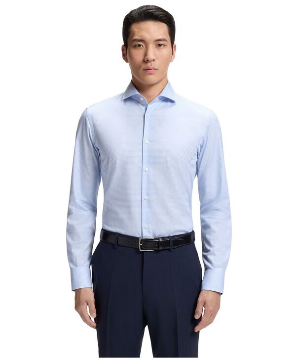 ヒューゴボス メンズ トップス シャツ コットン Hugo Boss By Men's Easy-Iron Cotton Twill Slim-Fit Dresshirt Open Blue ブルー｜ReVida 店