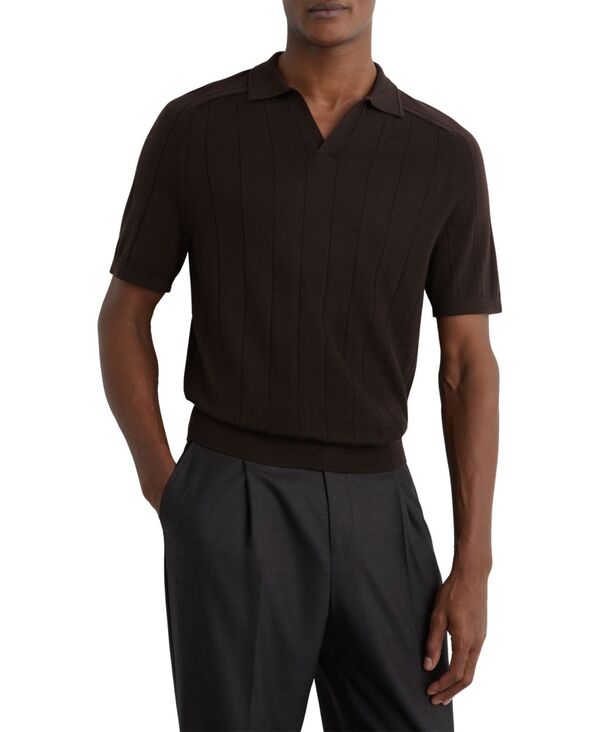 レイス メンズ アウター ニット・セーター ポロシャツ ウール REISS Men's Merino Wool Wide-Rib Polo Jumper Sweater Chocolate チョコレート|ReVida 店