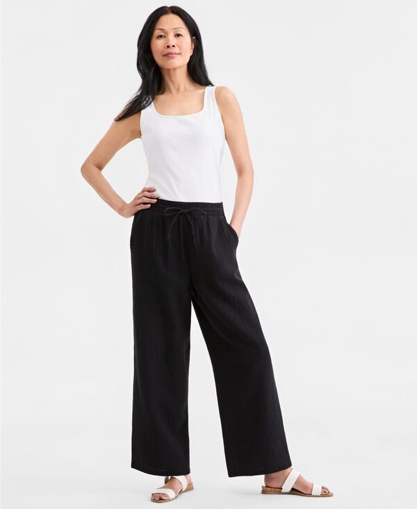 スタイルアンドコー レディース ボトムス カジュアルパンツ プチ コットン Style & Co Petite Cotton Gauze Wide-Leg Pull-On Pants Deep Black ブラック｜ReVida 店