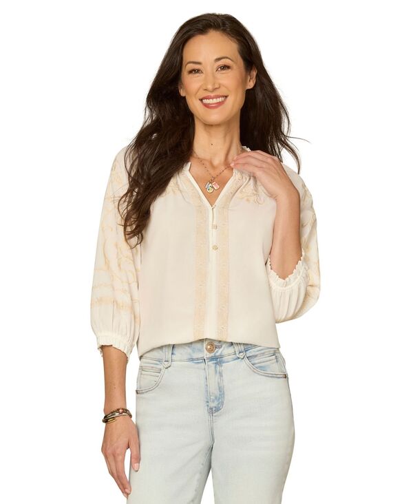 デモクラシー レディース トップス シャツ プチ 刺繍 ブラウス Democracy Petite 3/4-Sleevembroidered Blouse Off White Neutral オフホワイト｜ReVida 店