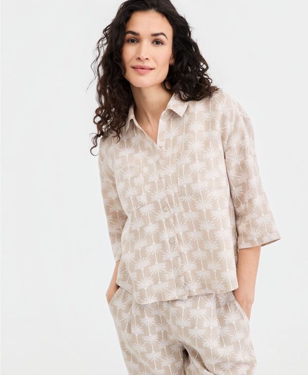 チャータークラブ レディース トップス シャツ プリント リネン Charter Club Women's 100% Linen Print Roll-Tab Camp Shirt Flax Palm|ReVida 店
