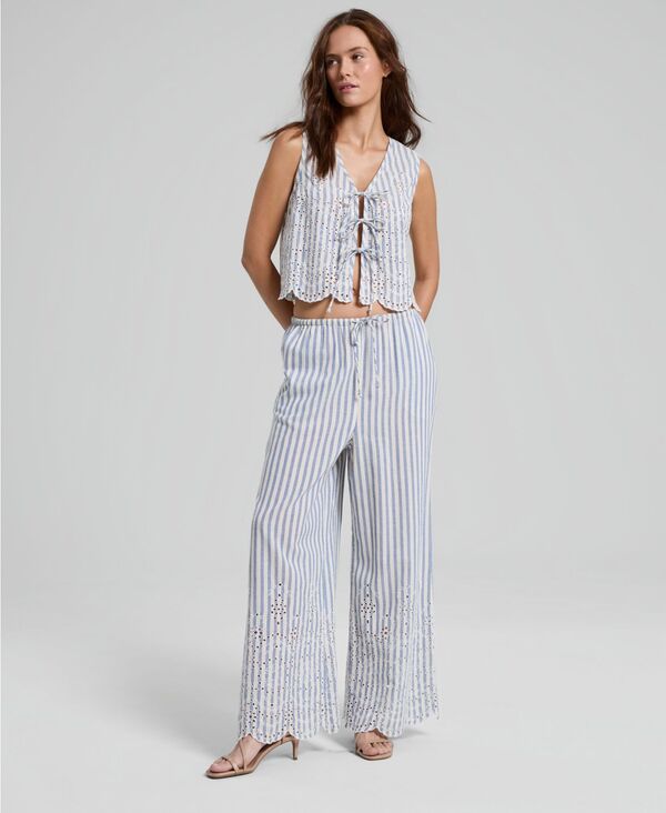 アンドノウディス レディース ボトムス カジュアルパンツ And Now This Women'striped Eyelet Wide-Leg Pants Blue/White Stripe ホワイト|ReVida 店