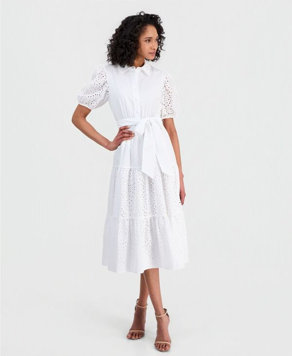 アンクライン レディース トップス シャツ パフスリーブ ミディ Anne Klein Women's Puff-Sleeve Midi Eyelet Shirtdress Crisp White ホワイト｜ReVida 店