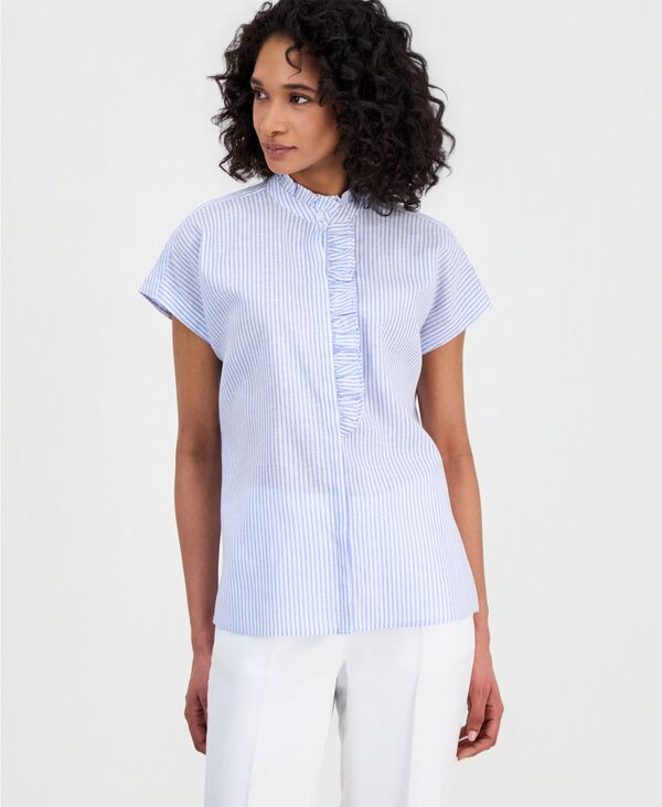 アンクライン レディース トップス シャツ フリル ブラウス Anne Klein Women'striped Ruffled-Neck Button-Front Blouse Lagoon/Bright White ホワイト｜ReVida 店