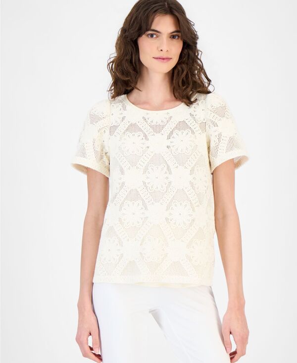 アンクライン レディース トップス シャツ 半袖 ブラウス Anne Klein Women'short-Sleeve Crochet Blouse Soft Ecru エクリュ|ReVida 店