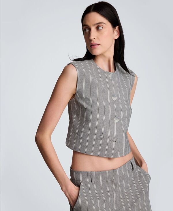 ケネスコール レディース トップス ベスト Kenneth Cole Women's Pinstripe Boxy Vest Dark Slate/feather White ホワイト｜ReVida 店