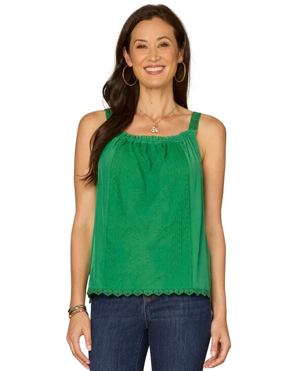 民主主義 レディース トップス タンクトップチ 刺しゅう Democracy Petite Square Neck Embroidered Frontank Top Grass Green 緑であること タンクトップ-トップス-レディースファッション