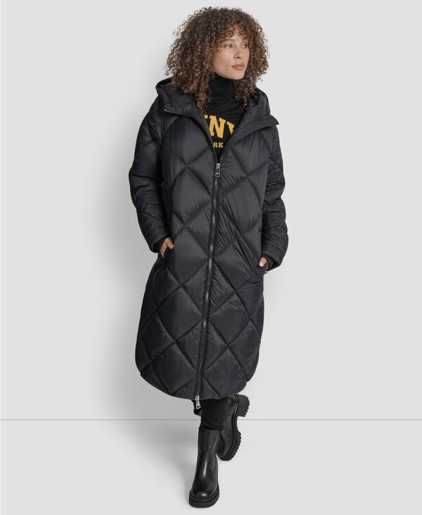 ダナ キャラン ニューヨーク州 レディース アウター 厚地の外套 キルティング DKNY Women\u0027s Diamond Quilted Hooded Puffer Coat Black 黒いこと レディースファッション-コート・ジャケット