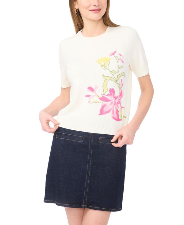 ヴィンスカムート レディース アウター ニット・セーター フラワー柄 半袖 フラワー Vince Camuto Women's Floral Short-Sleeve Sweater Antique White ホワイト｜ReVida 店