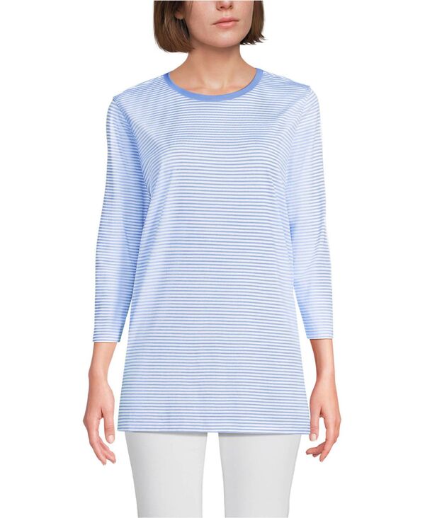 ランズエンド レディース トップス シャツ トール コットン Lands' End Women's Tall 3/4 Sleeve Cotton Supima Tunic Top Light sea blue micro stripe ブルー｜ReVida 店