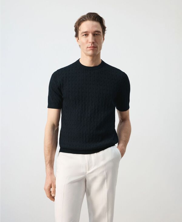 マンゴ メンズ トップス Tシャツ コットン ニット MANGO Men\'s Cotton Cable-Knit-Shirt Night Blue ブルー｜ReVida 店