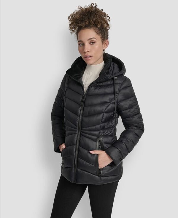 ダナ キャラン ニューヨーク レディース アウター コート DKNY Women'stand Collar Zipper-Front Coat Black ブラック｜ReVida 店