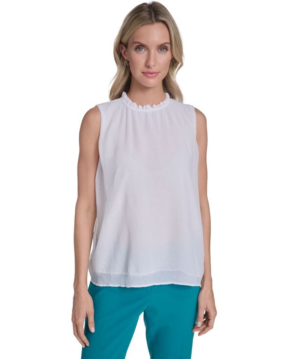 カルバンクライン レディース トップス シャツ フリル ノースリーブ Calvin Klein Women'sleeveless Ruffle Neckline Top White ホワイト｜ReVida 店