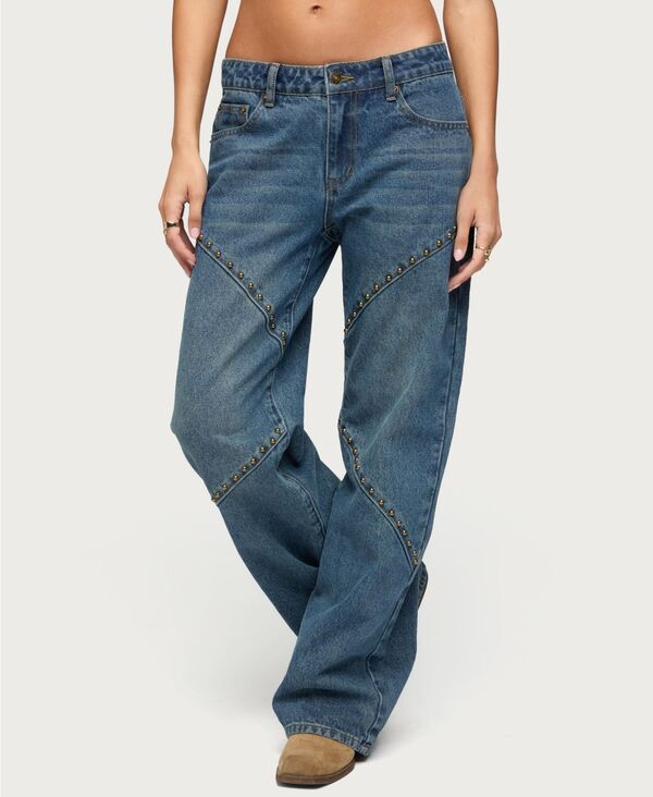 アディクテッド レディース ボトムス デニムパンツ ローライズ ジーンズ Edikted Women's Charla Stud Low Rise Baggy Jeans Blue-washed ブルー|ReVida 店