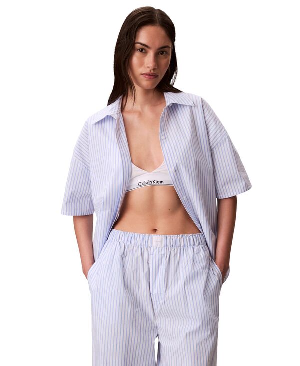 カルバンクライン レディース アンダーウェア ナイトウェア シャツ 半袖 Calvin Klein Women'striped Short-Sleeve Pajama Shirt QS7652 Sera Stripe Blue ブルー｜ReVida 店