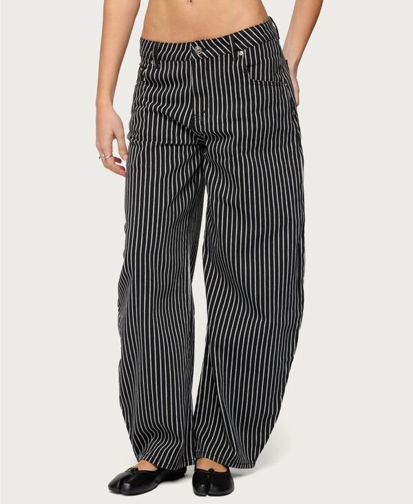 アディクテッド レディース ボトムス デニムパンツ ローライズ ジーンズ Edikted Women's Pinstripe Low Rise Barreleg Jeans Black-and-white ホワイト|ReVida 店