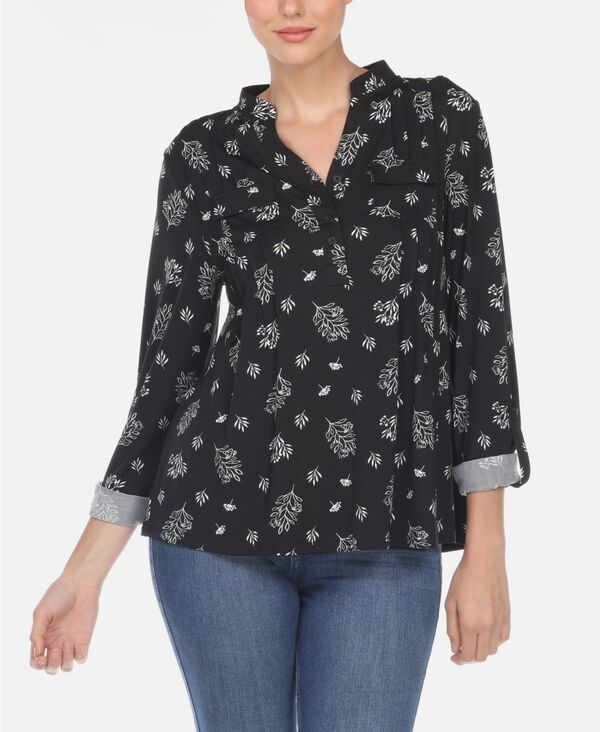 ホワイトマーク レディース トップス シャツ プリーツ プリント ブラウス White Mark Women's Pleated Leaf Print Blouse Black ブラック｜ReVida 店
