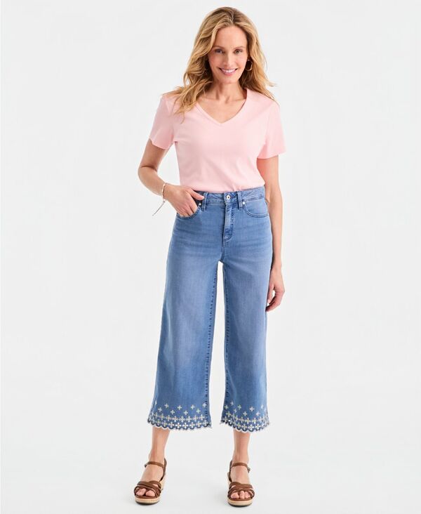 スタイルアンドコー レディース ボトムス デニムパンツ 刺繍 クロップド ジーンズ Style & Co Women's Embroidered High-Rise Wide-Leg Cropped Jeans Bluembroidery ブルー｜ReVida 店