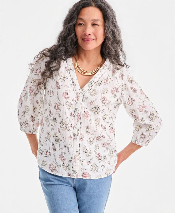 スタイルアンドコー レディース トップス シャツ Vネック プリント コットン ブラウス Style \u0026 Co Women Cotton Gauze Printed V-neck Blouse Pink Floral ピンク