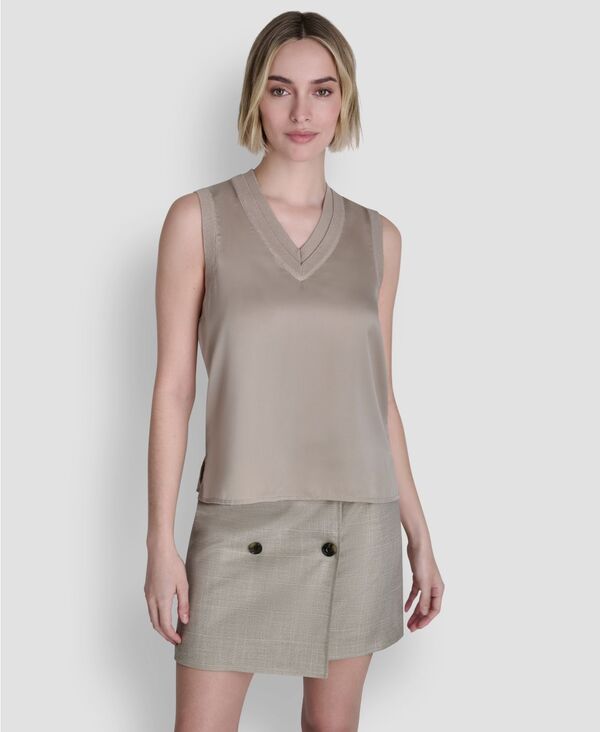 ダナ キャラン ニューヨーク レディース アウター ニット・セーター Vネック ノースリーブ DKNY Women's Mixed Media V-Neck Sleevelessweater Pebble｜ReVida 店 8,036円