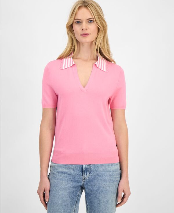 ナウティカ レディース アウター 編み物・プルオーバー Nautica Women\u0027striped Johnny-Collar Sweater Peony/ Bright White 白いこと トップス-レディースファッション-ニット・セーター
