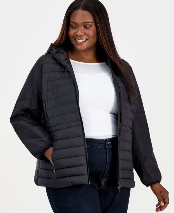 カルバンクライン レディース アウター 厚地の外套 付け加える大いさ Calvin Klein Plusize Mixed-Media Packable Coat BLACK 黒いこと レディースファッション-コート・ジャケット