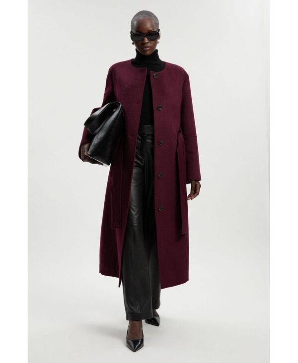 カレンミレン レディース アウター コート ウール マキシ Karen Millen Women\'s Wool Single Breasted Belted Maxi Coat Burgundy バーガンディ｜ReVida 店