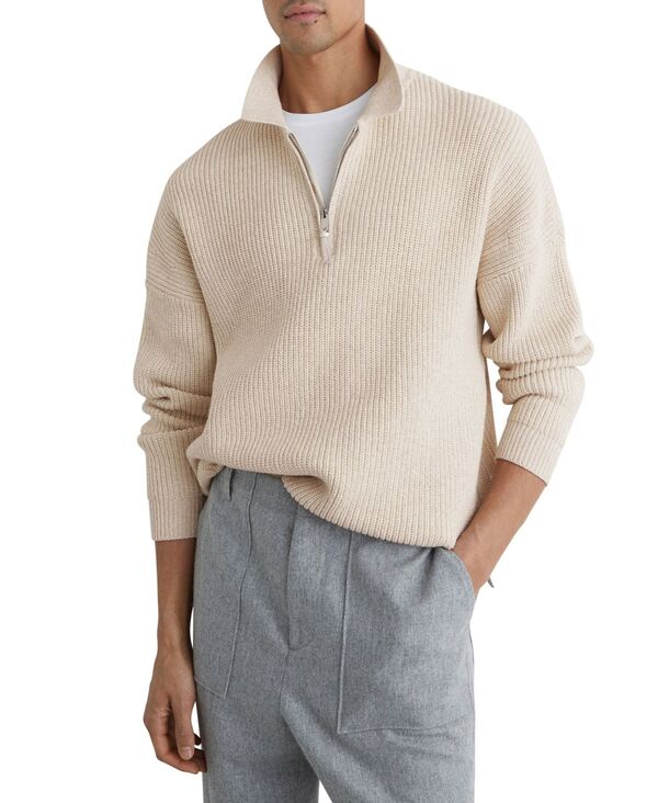 レイス メンズ アウター ニット・セーター ポロシャツ コットン REISS Men's Cotton-Blend Rib Half-Zipolo Sweater Oatmeal Melange オートミール｜ReVida 店