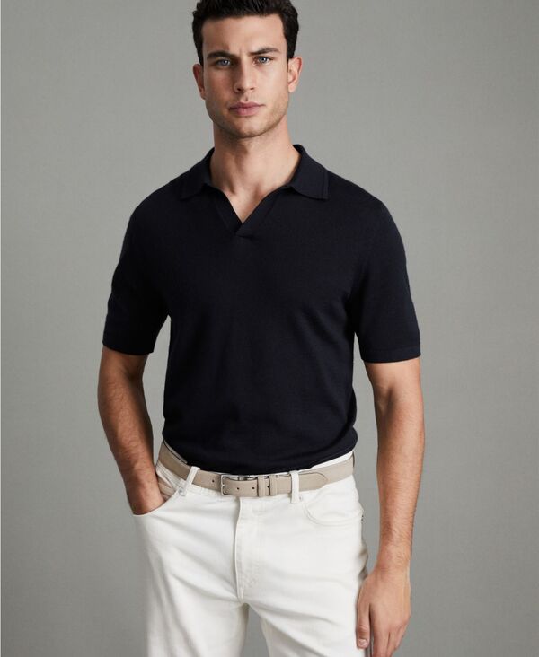 レイス メンズ トップス スポーツシャツ 羊毛 REISS Men\u0027s Merino Wool Open Collar Polo Shirt Navy 米国海軍