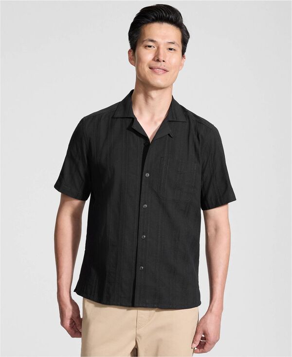 ランズ挙げ句のはて メンズ トップス プルオーバー Lands\u0027 End Men\u0027s Textured Camp Collar Shirt Black 黒いこと