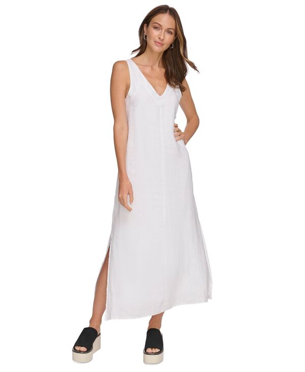 ダナ キャラン ニューヨーク レディース トップス ワンピース Vネック リネン マキシ DKNY Linen V-Neck Maxi 100% Linen Dress White ホワイト｜ReVida 店